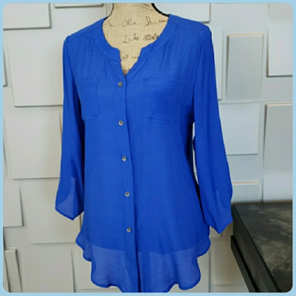 B Design top blouse royal blue 3/4 sleeve button up front Size Large
